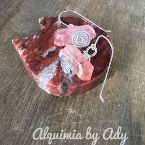 Pink Aura Quartz sterling silver dangle chunky drop earrings drusy raw